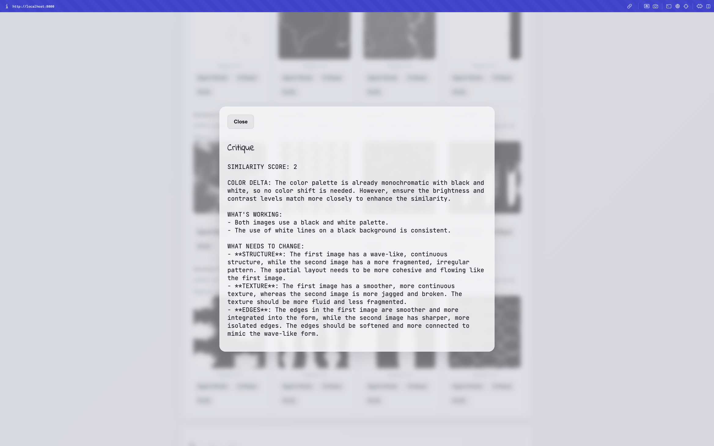 Critique modal showing structured VLM analysis