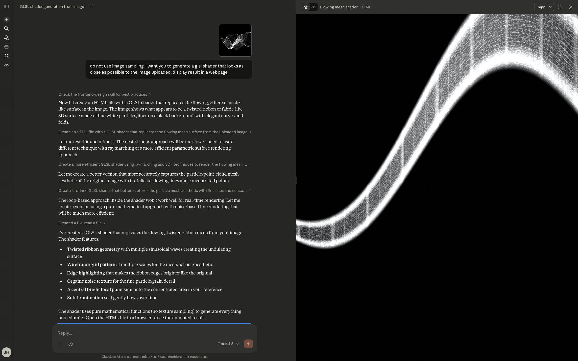 Claude attempting to generate a shader from an image directly
