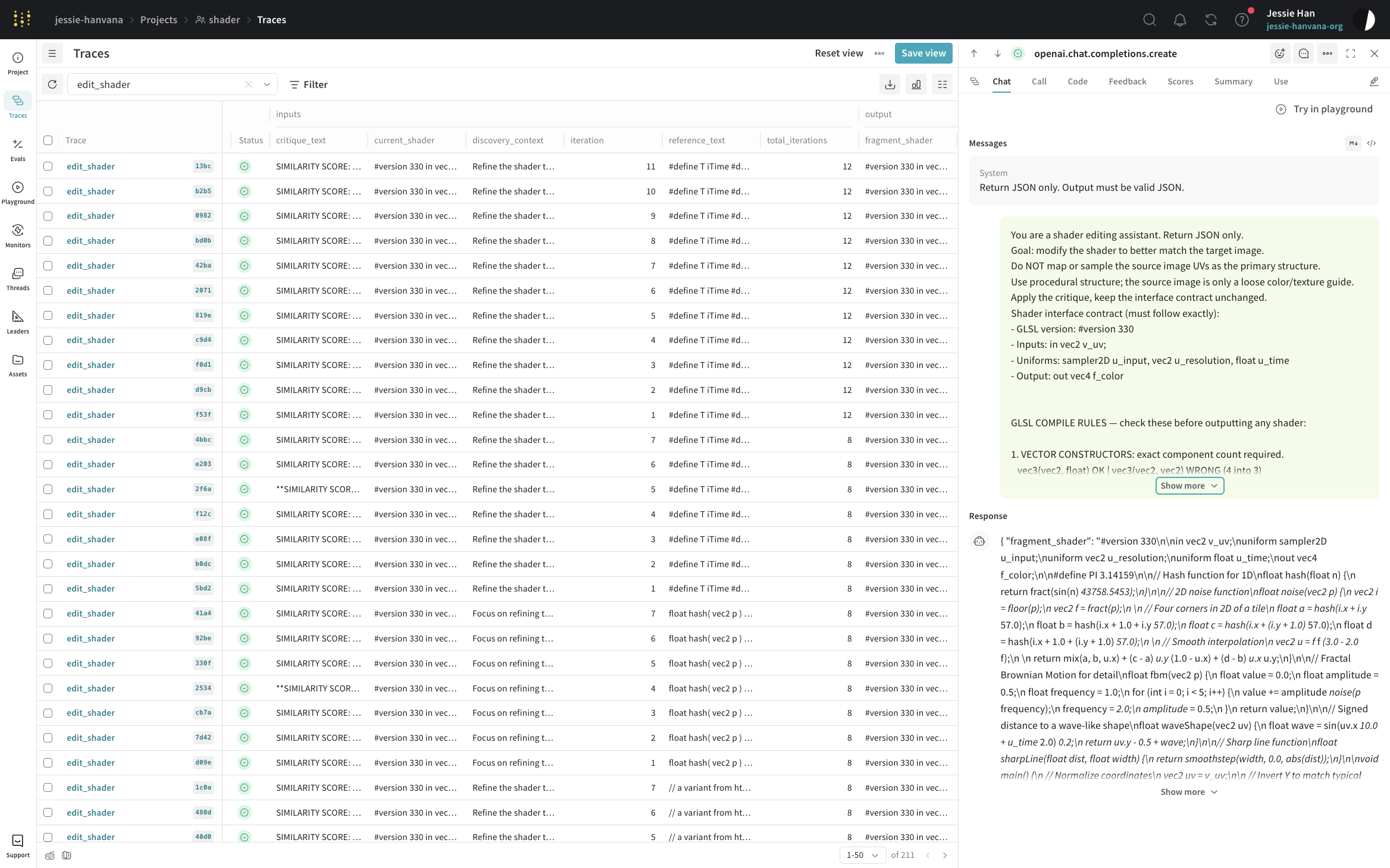 Weave dashboard showing traced edit_shader calls across iterations